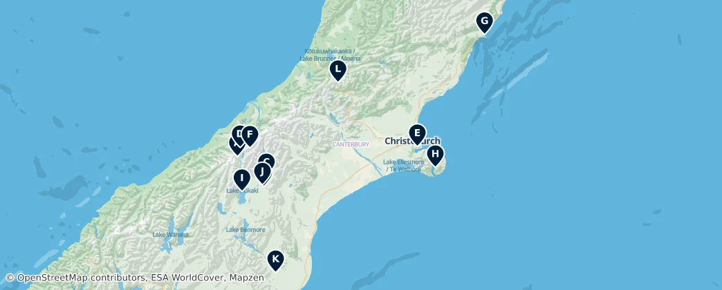 Mapa Canterbury Region's Unmissable Highlights