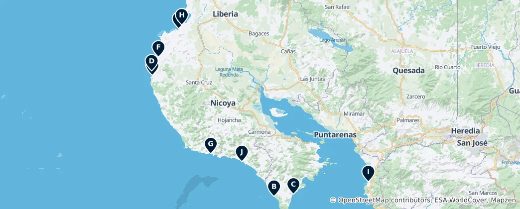 Map of Best Beaches of Costa Rica
