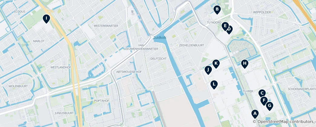 Карта Delft's Academic Hubs