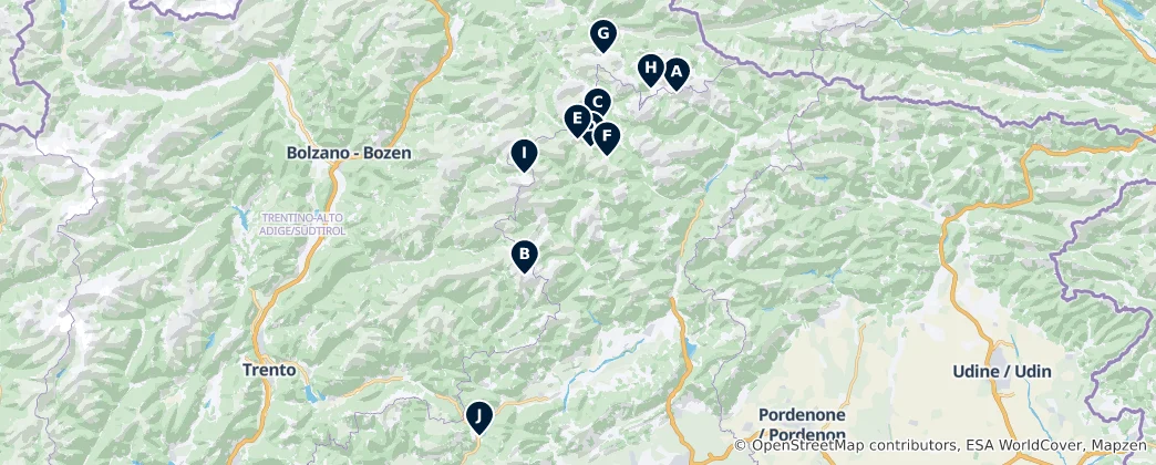Map of Dolomite Climbs & Via Ferrata