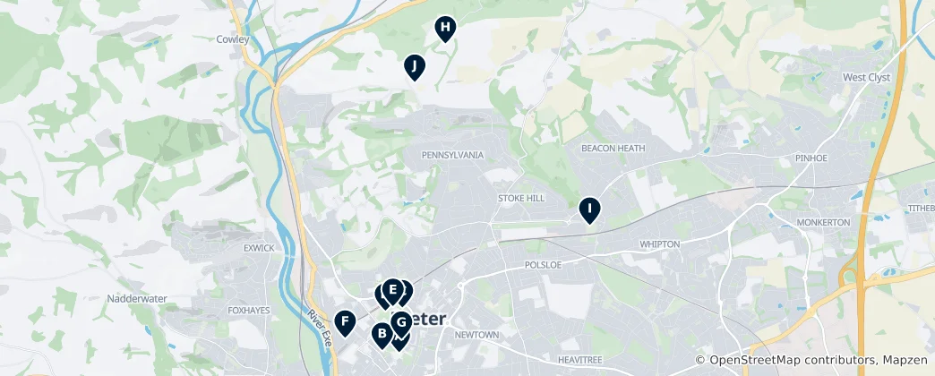 Kaart van Historic Sites in Exeter