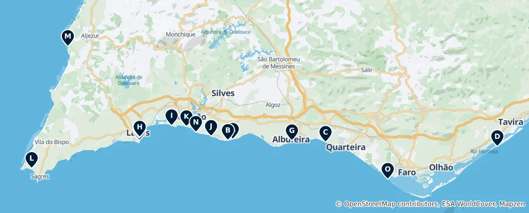Mapa Best Beaches in Algarve