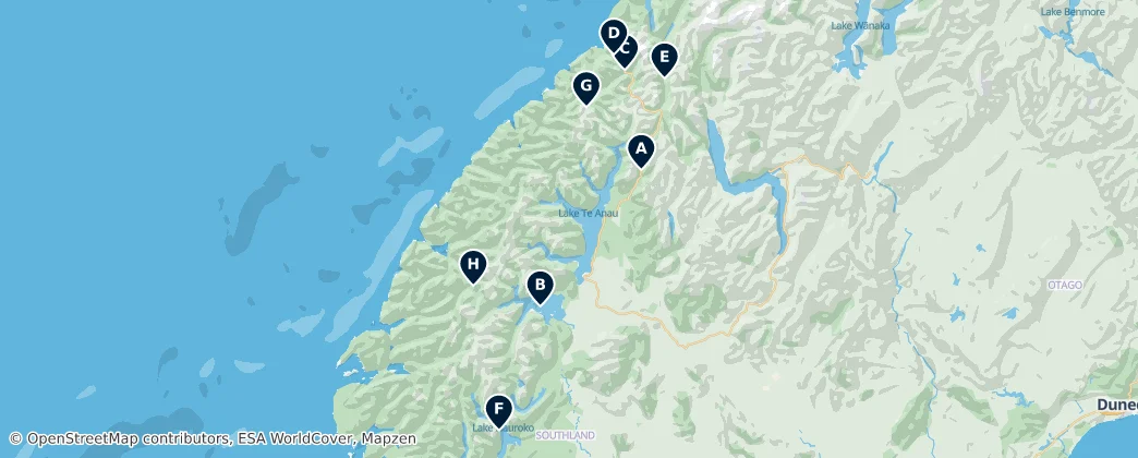 Carte de Fiordland Lakes & Waterfalls