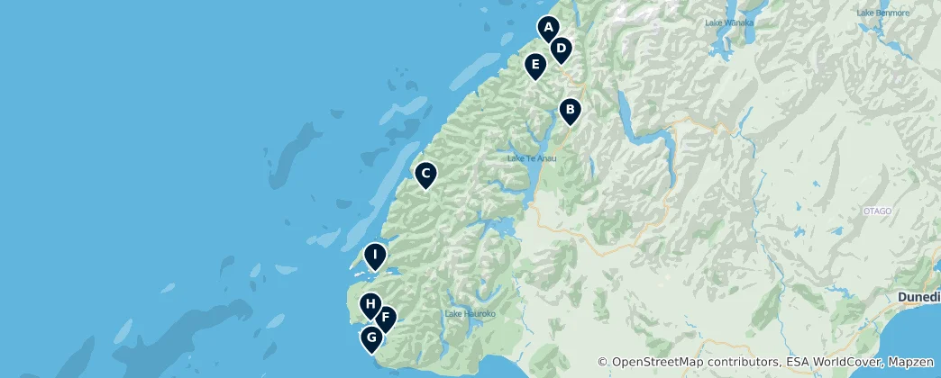 Mapa Fiordland Viewpoints & Bays