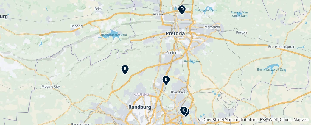 Map of Major Airports in Gauteng
