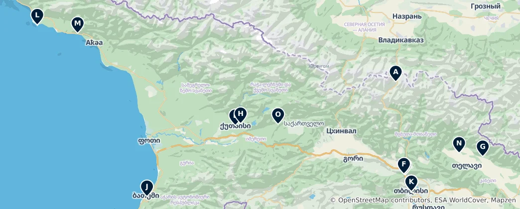 Mapa Posvátná místa Gruzie