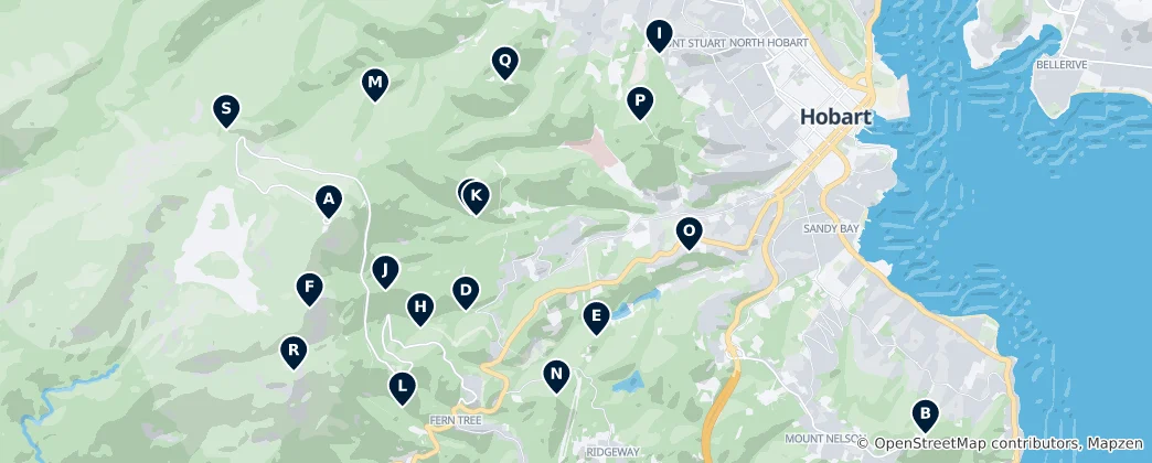 Mapa Hobart's Scenic Vistas & Falls