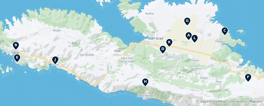 Mapa Hvar's Ancient Ruins and Fortifications