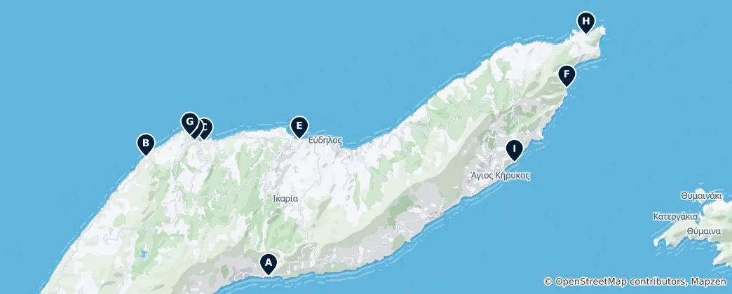 Map of Best Beaches in Ikaria