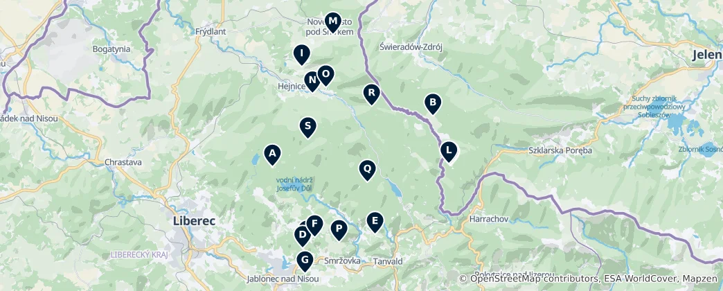 Map of Jizera Mountain Huts and Chalets