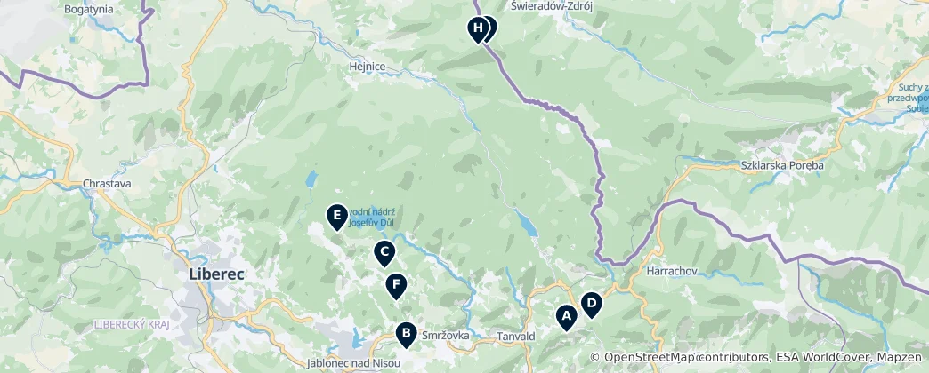 Map of Jizera Mountains Peaks & Towers
