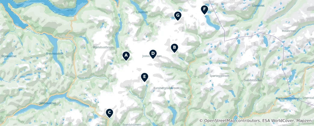 Karte von Jostedalsbreen Essentials