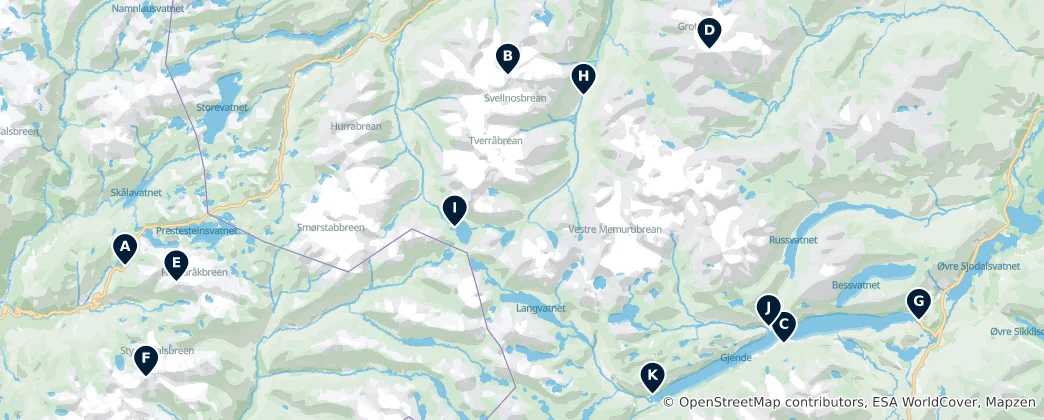 Mapa Jotunheimen Must-Sees