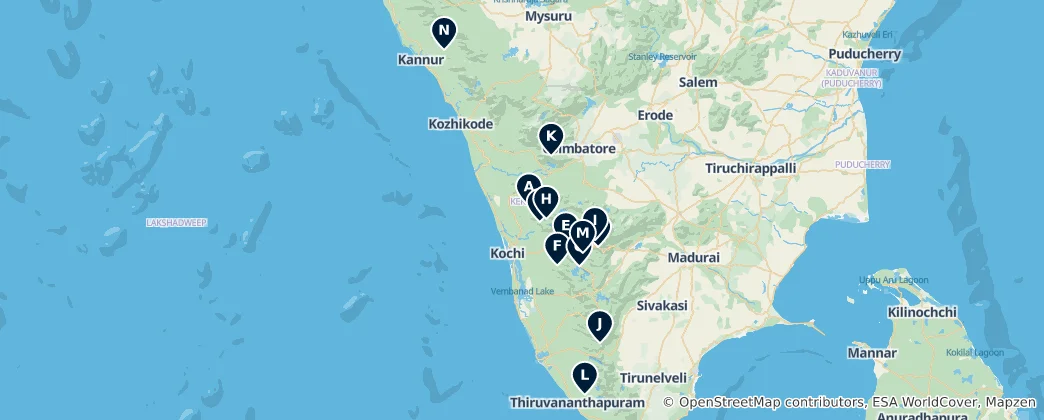 Mapa Kerala Waterfalls and Dams