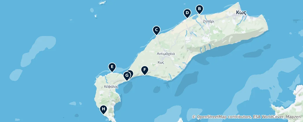 Mapa Nejlepší pláže na Kosu