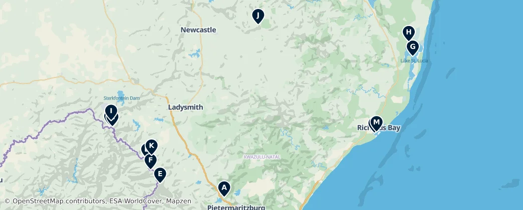 Map of Natural Wonders of KwaZulu-Natal
