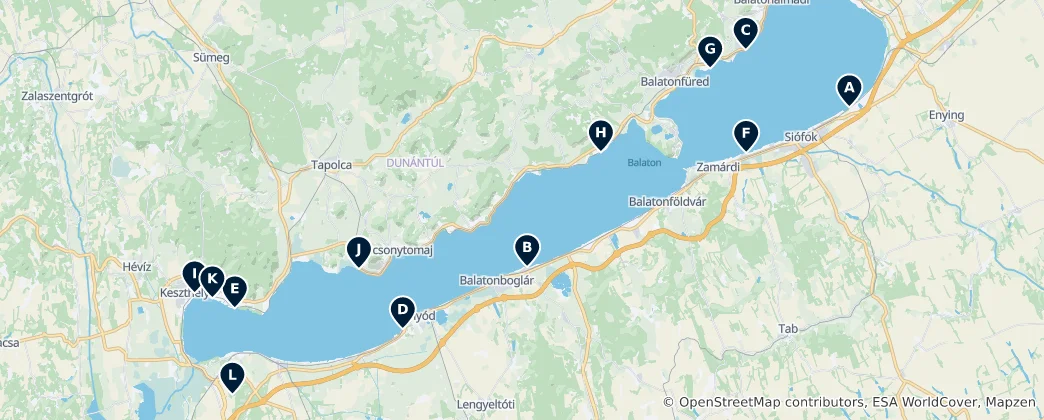 Kaart van Stranden en Resorts aan het Balatonmeer