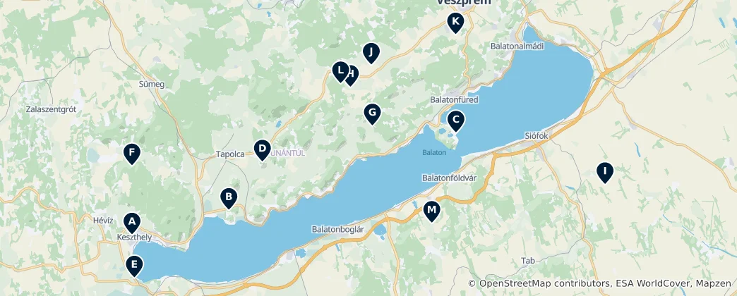 Mapa Lake Balaton Castles and Ruins