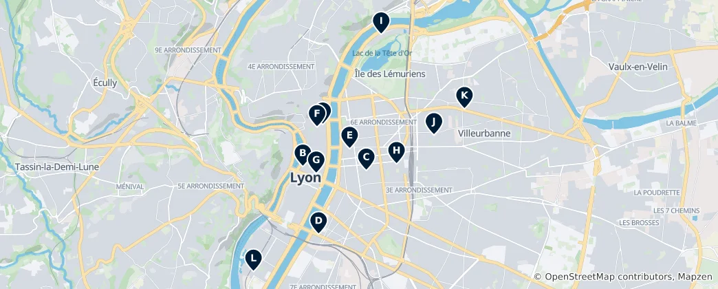 Kaart van Lyon Theaters and Cinemas