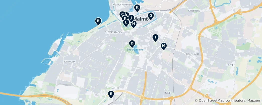 Kaart van Malmö kommun's Essential Experiences