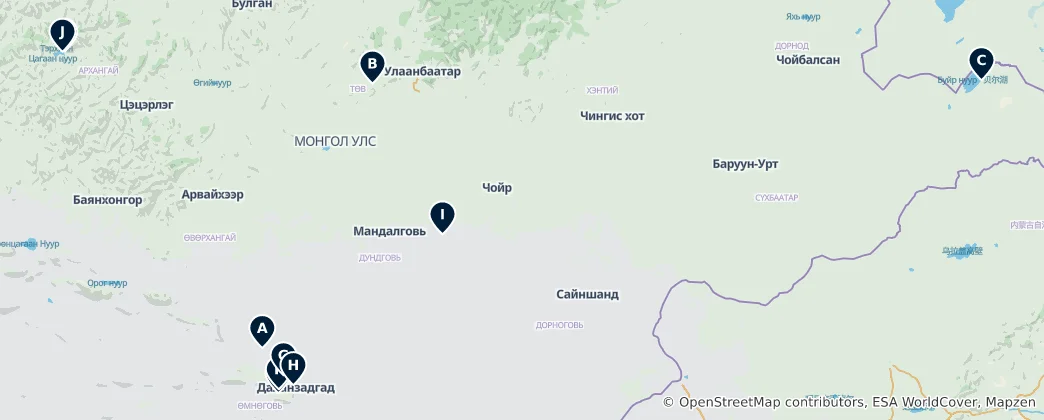 Kaart van Mongolian Ger Camps & Nature Stays