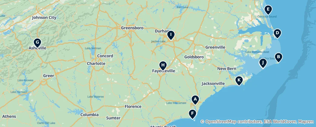 Mapa North Carolina Heritage Sites