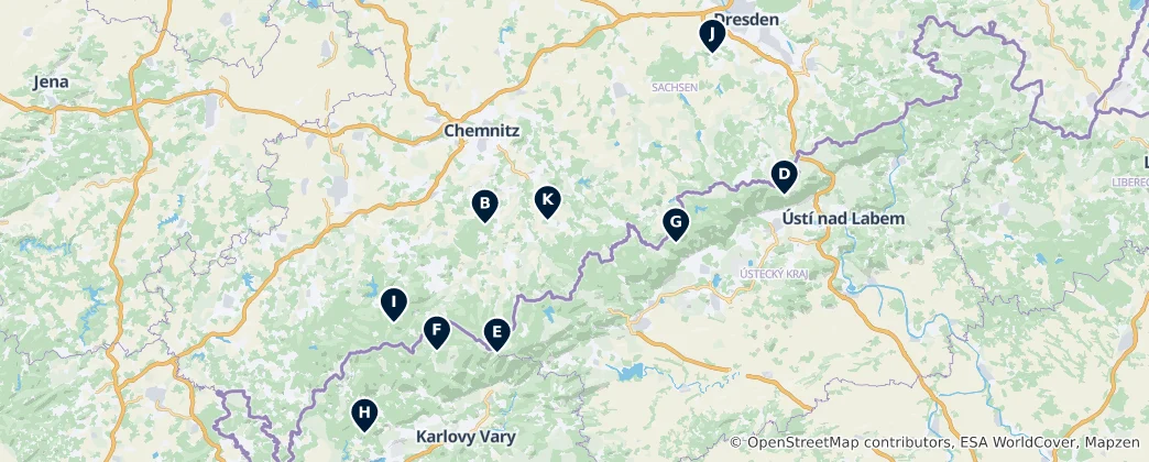 Mapa Vyhlídky a vrcholy Krušných hor