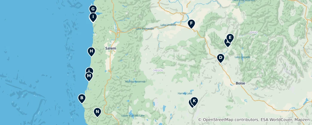 Mapa Oregon Camping Adventures