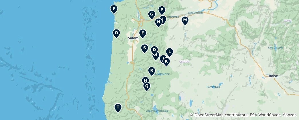 Mapa Oregon Waterfalls and Rapids
