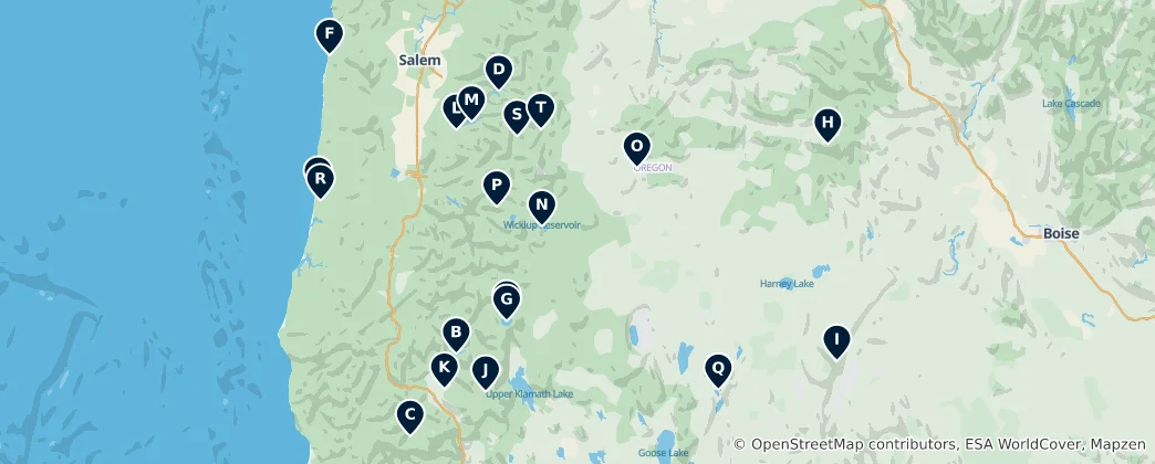 Karte von Oregon's Lakes and Reservoirs