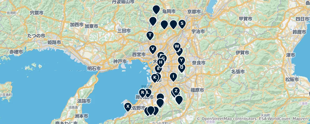 Karte von Osaka Castles and Historical Sites