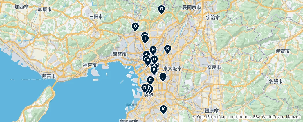 Mapa Osaka Temples and Shrines