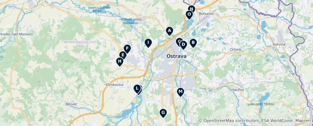 Map of Ostrava Recreational Areas