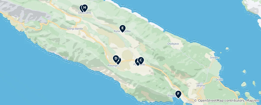 Mapa Pelješac Wineries and Wine Shops