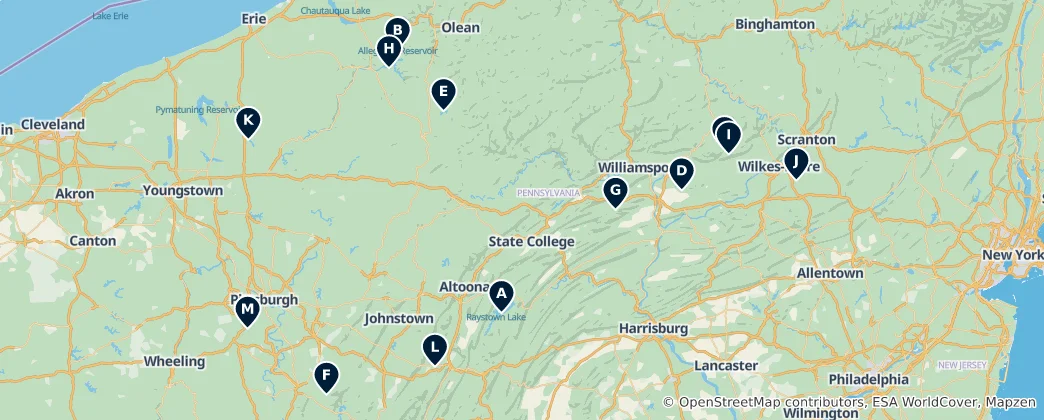Map of Scenic Lakes and Waterfalls