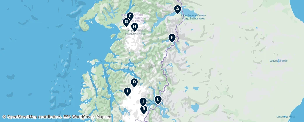 Mapa Patagonian Lakes & Glaciers