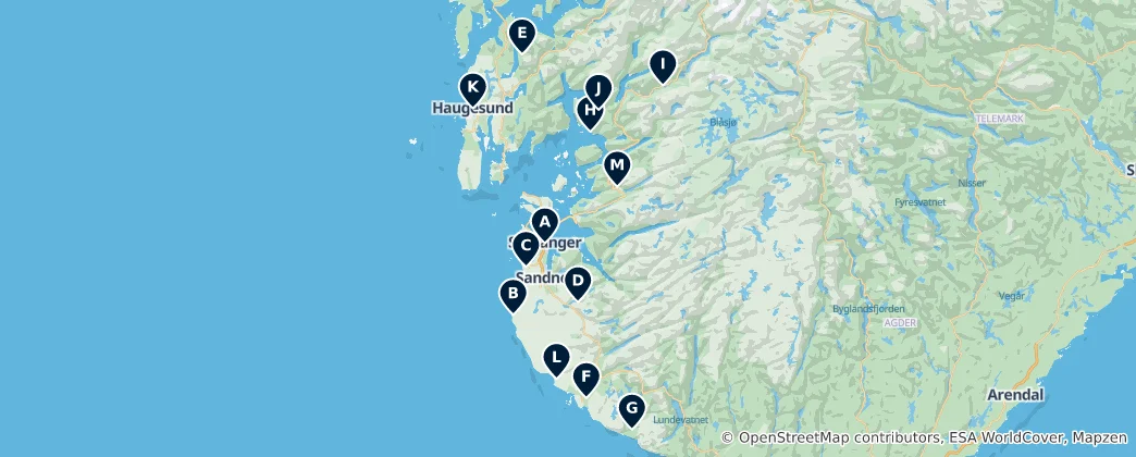 Mapa Historic Churches of Rogaland