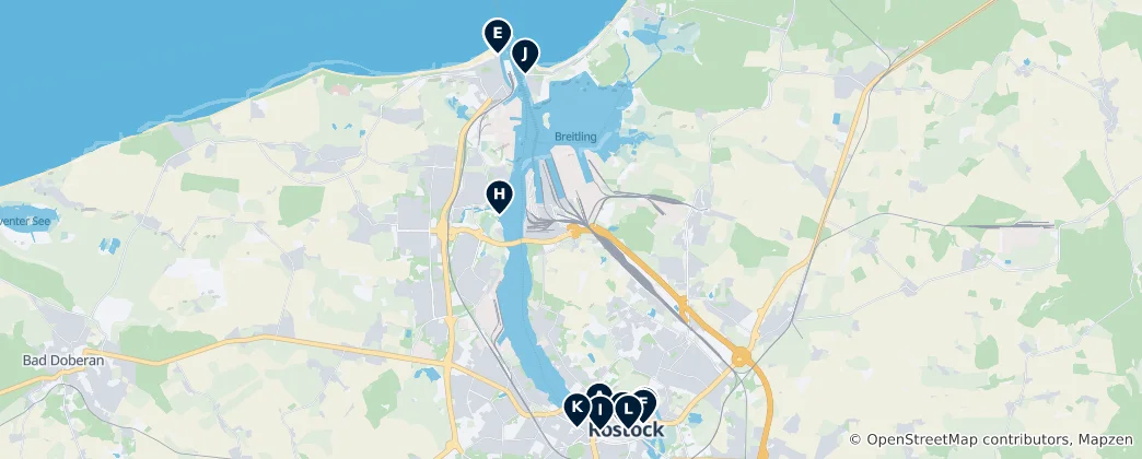 Karte von Rostocks Wesentliche Hansestadt- & Meeresjuwelen