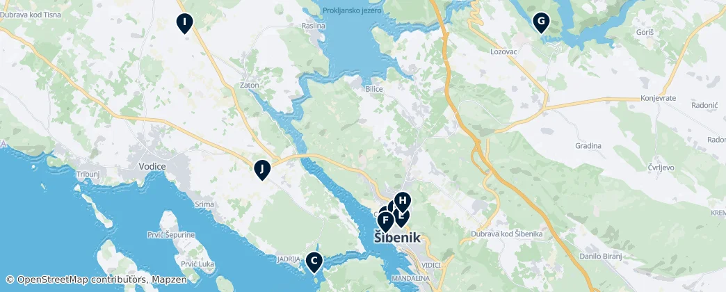 Mapa Historyczne miejsca Šibenika