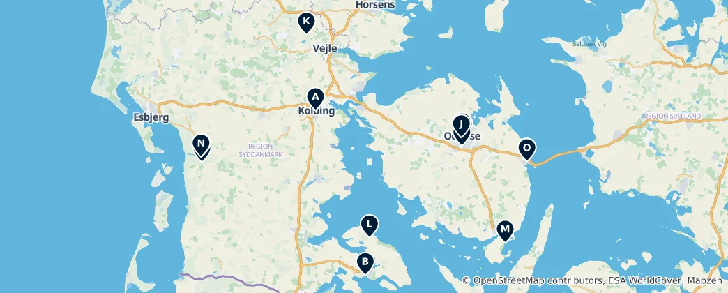 Mapa Top Museums in Southern Denmark
