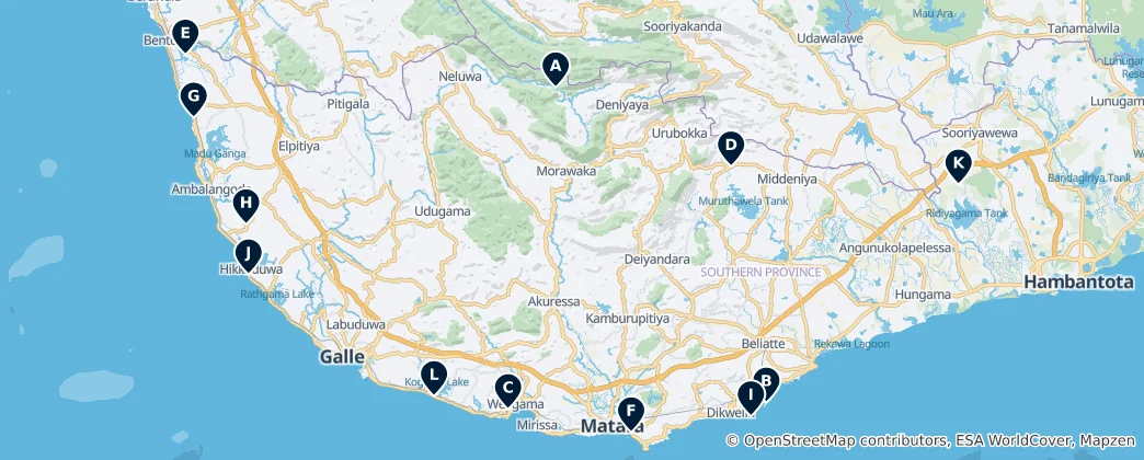 Map of Southern Sri Lanka Highlights