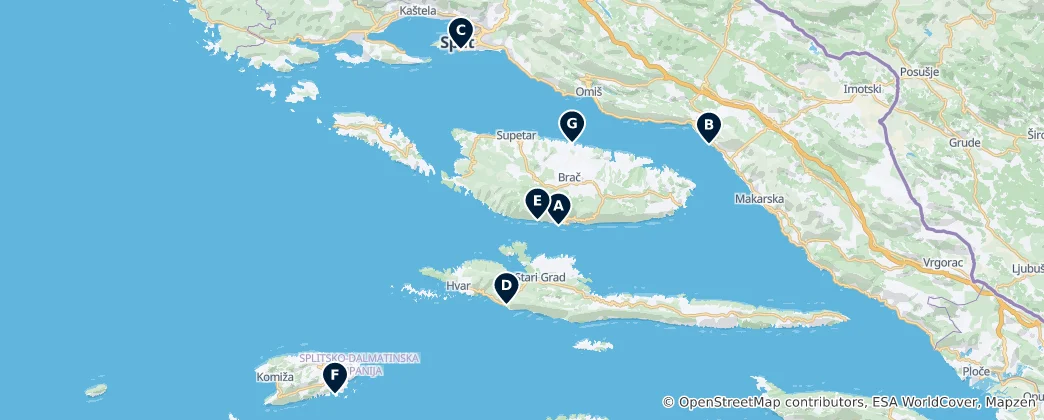 Mappa di Best Beaches in Split & Dalmatia