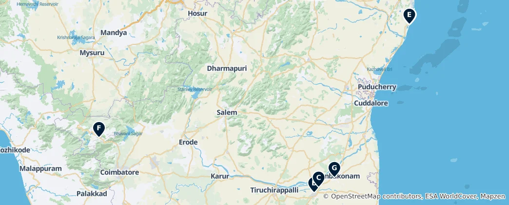 Mappa di Tamil Nadu Top Sights