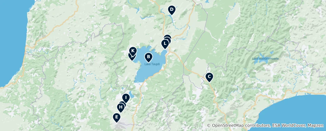 Mapa Taupō's Waterfalls and Lakes