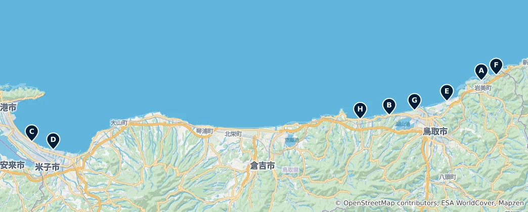 Mapa Best Beaches in Tottori