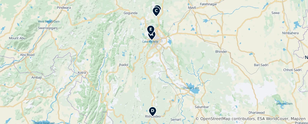 Map of Hindu Temples in Udaipur