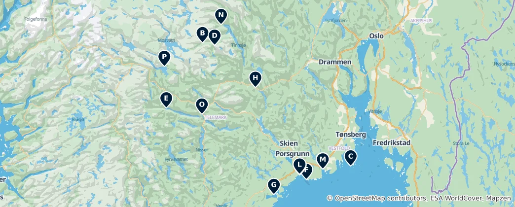 Karte von Vestfold og Telemarks absolute Highlights