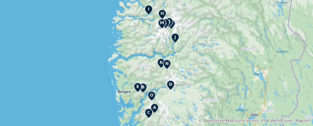 Norway's Waterfalls and Glaciers 地图