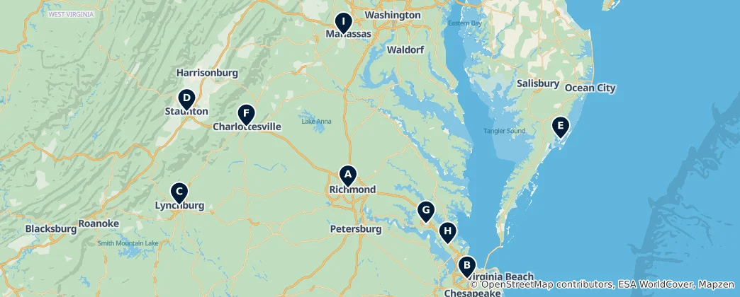 Mapa Virginia's Historic Theaters & Cinemas