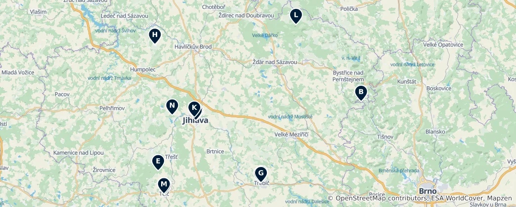 Map of Kraj Vysočina's Crown Jewels